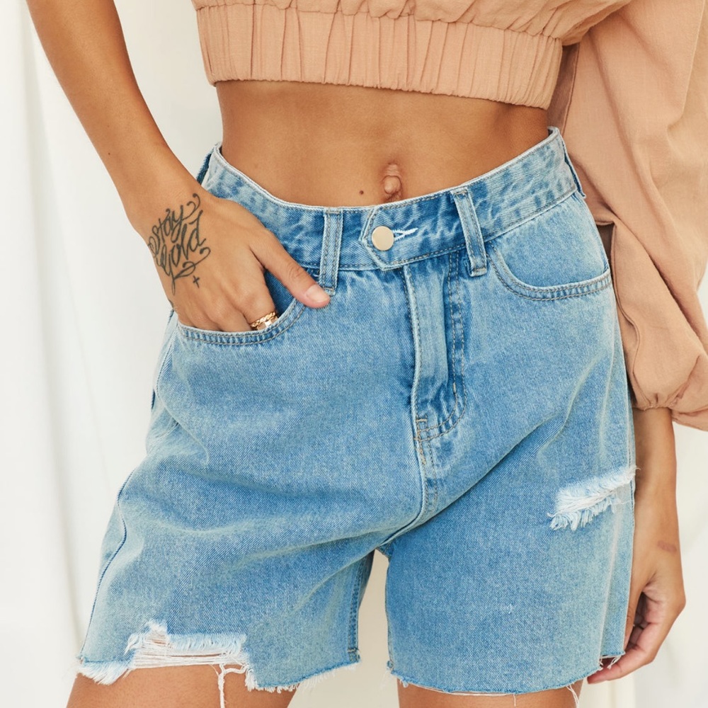12th Tribe Dani High Rise Distressed Denim Shorts